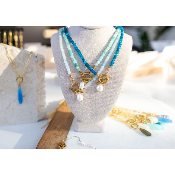 Blue Apatite Gemstone Necklace Gold Toggle Clasp Removable Baroque Pearl Genuine - Picture 3 of 14